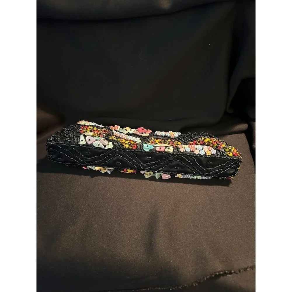 Vintage‎ Black Beaded Evening Bag Purse short and long handles